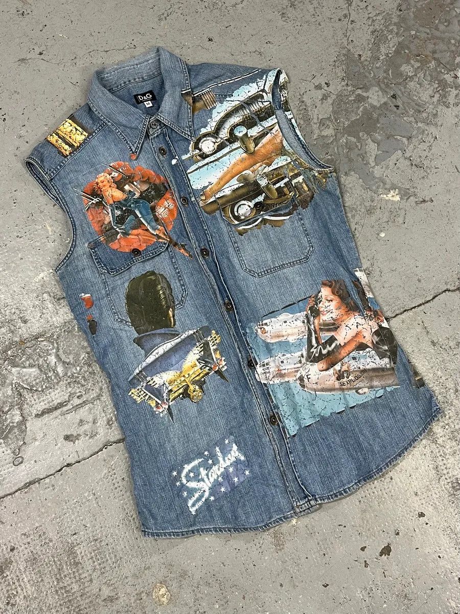 Designer × Dolce & Gabbana × Vintage AW2004 Dolce & Gabbana Blue Printed Sleeveless Denim Vest Size US M / EU 48-50 / 2 - 4 Thumbnail