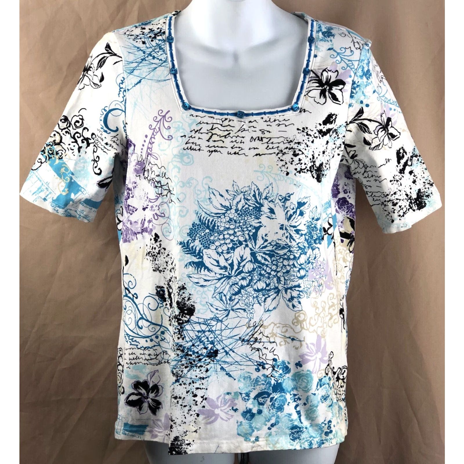 Vintage Christopher & Banks Top T-Shirt S Wht/Blue Geo Square Neck Short Sleeve Tee Coastal Womens XS? Size S / US 4 / IT 40 - 2 Thumbnail