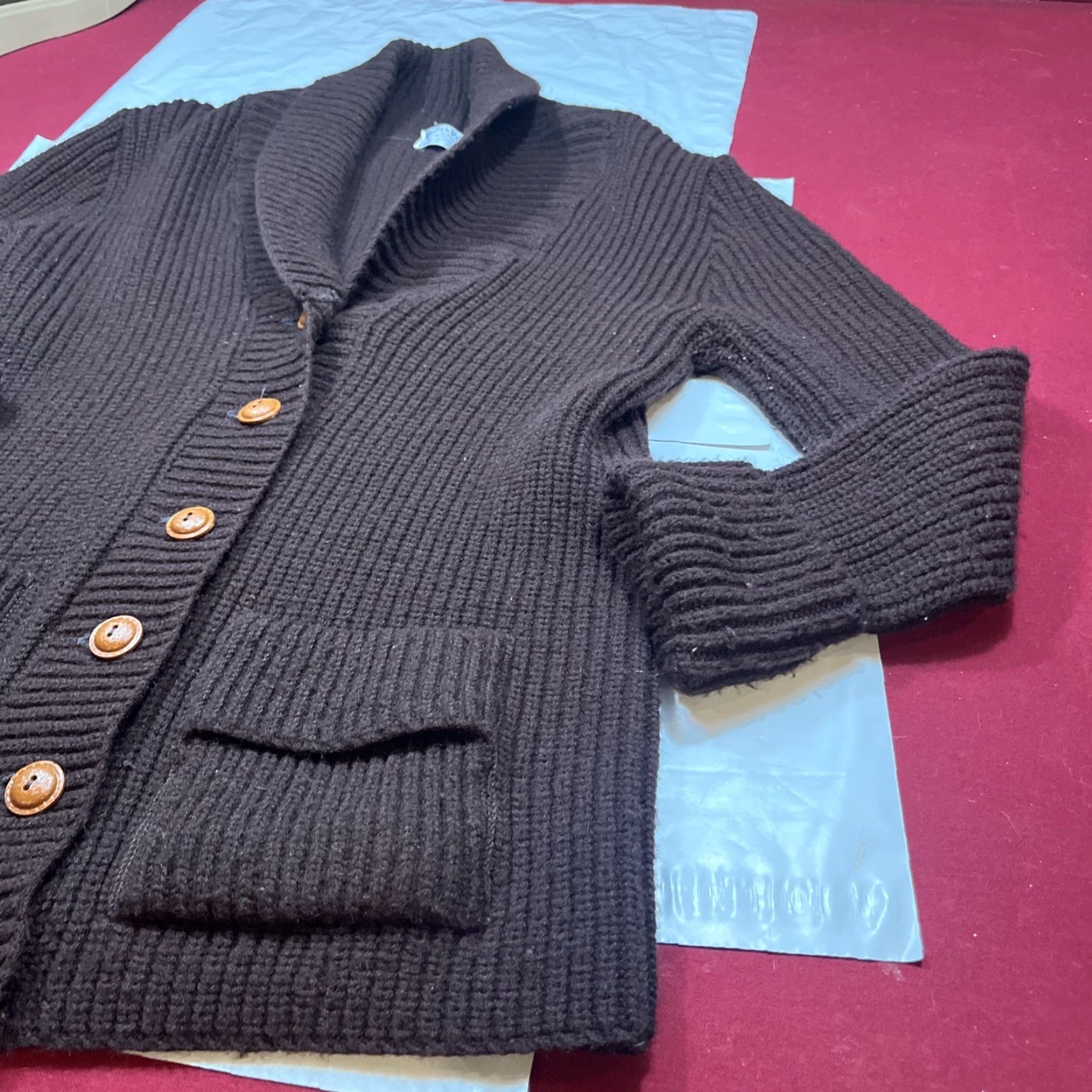 Vogue VINTAGE British Vogue Wintuk Cardigan Brown Chunky Knit - Button Front Pockets Cowl Neck L Womens Sweater Shirt (70’s) Size L / US 10 / IT 46 - 5 Thumbnail