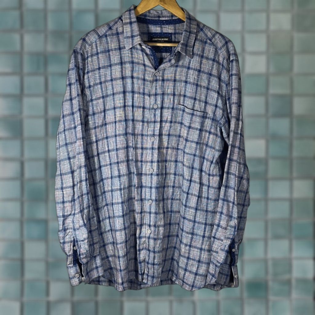 Johnston & Murphy Johnston & Murphy Plaid Button-Down Shirt L Large Blue Long Sleeve Men Size US L / EU 52-54 / 3 - 1 Thumbnail