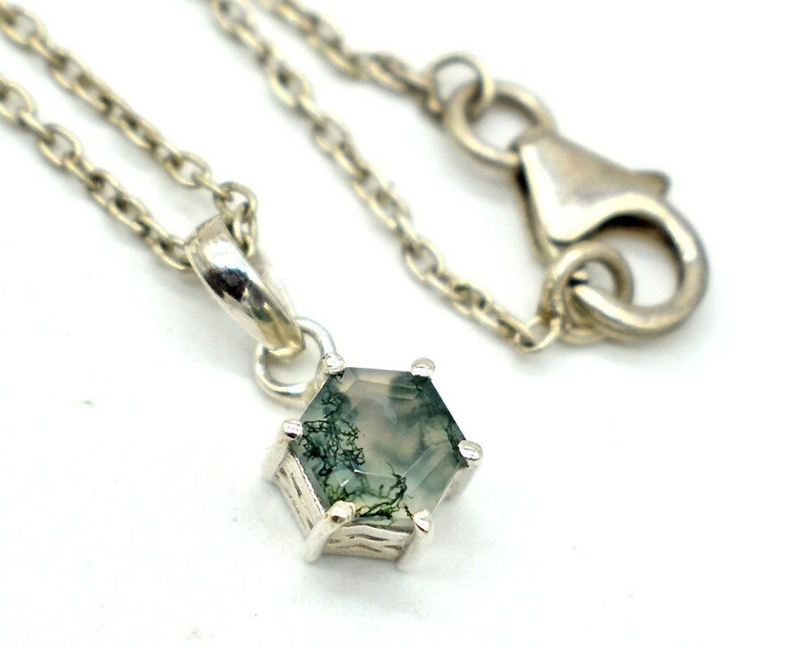 Handmade Cut Moss Agate Silver Necklace, Moss agate Necklace, Size ONE SIZE - 4 Thumbnail