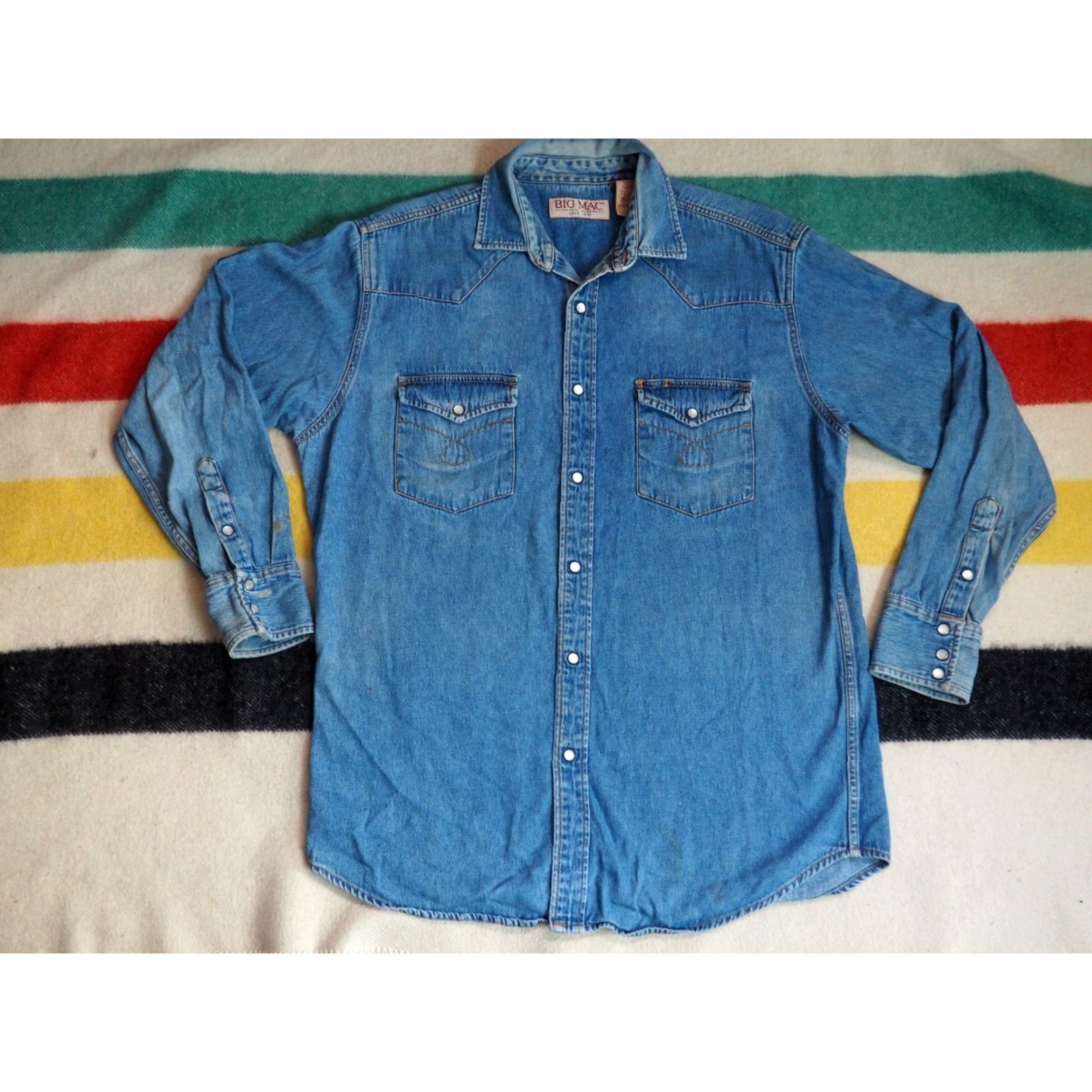 Vintage VINTAGE Big Mac Shirt Western Denim Grunge 90s LT Mens Blue Pearl Snap Long Sleeve Button-Up Casual Size US L / EU 52-54 / 3 - 2 Thumbnail