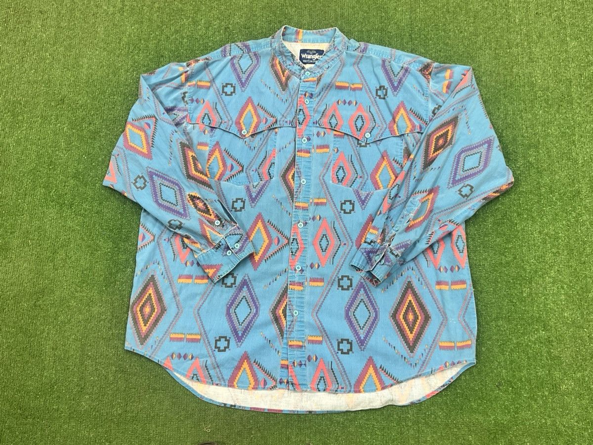 Image of Vintage 80's Wrangler Southwestern Print Button Front Shirt in Blue, Men's (Size XL)