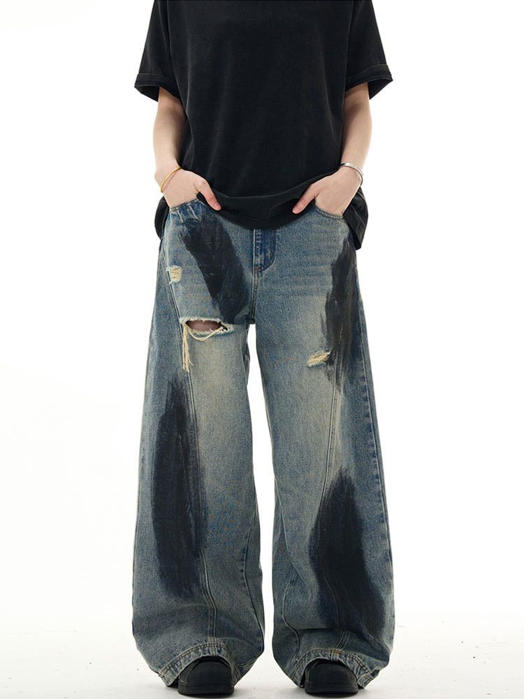 Japanese Brand × Jean Washed distressed ink-splashed loose wide-leg ripped jeans Size US 32 / EU 48 - 1 Thumbnail