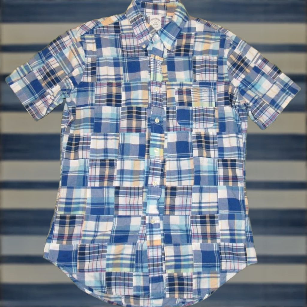 BROOKS BROTHERS Patchwork Shirt Regent Blue Short Sleeve Button Down M Dress Shirt Men XS?