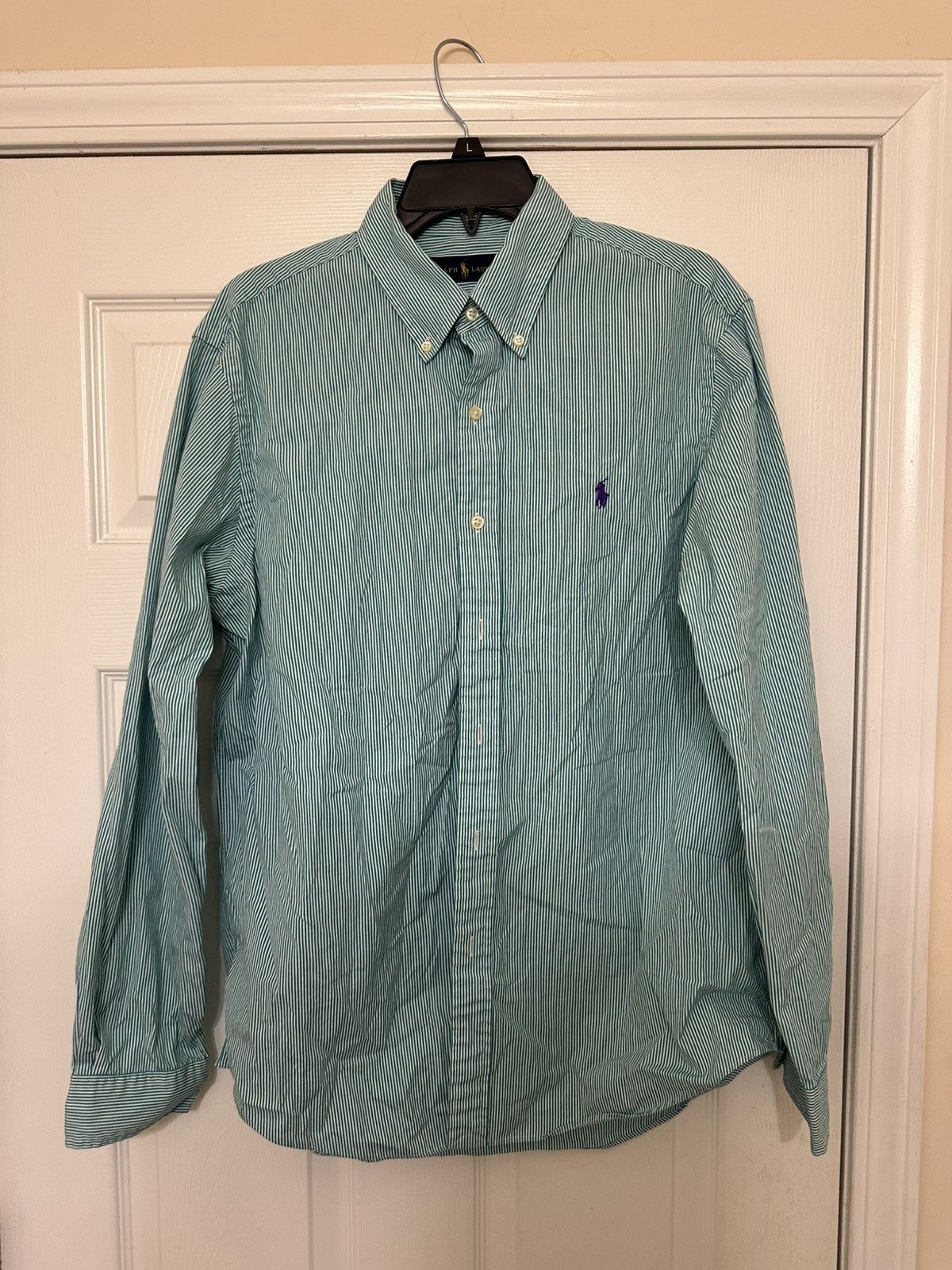 Beverly Hills Polo Club × Polo Ralph Lauren × U.S. Polo Assn. Ralph Lauren Green/White Stripped Long Sleeve Button Up Size US L / EU 52-54 / 3 - 1 Thumbnail
