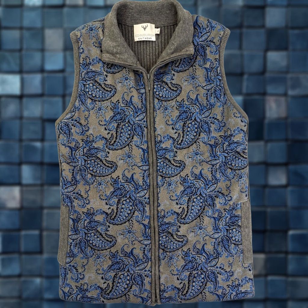 Vintage Edinburgh Knitwear Vest Women S Blue & Gray Full Zip Paisley Pima Cotton Knitwear Vest Regular Fit Sleeveless Mid-Length Vintage: No Size S / US 4 / IT 40 - 1 Thumbnail