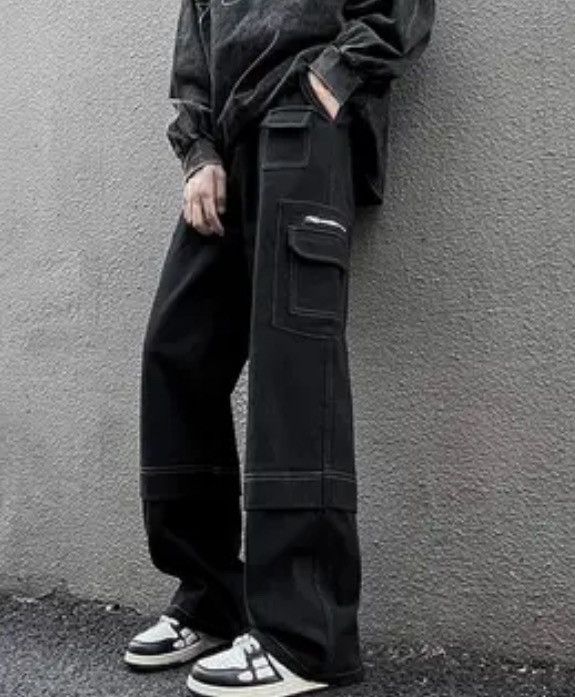 image of Distressed Denim Black Color Multi Pockets Cargo Denim Pant, Men's (Size 32)