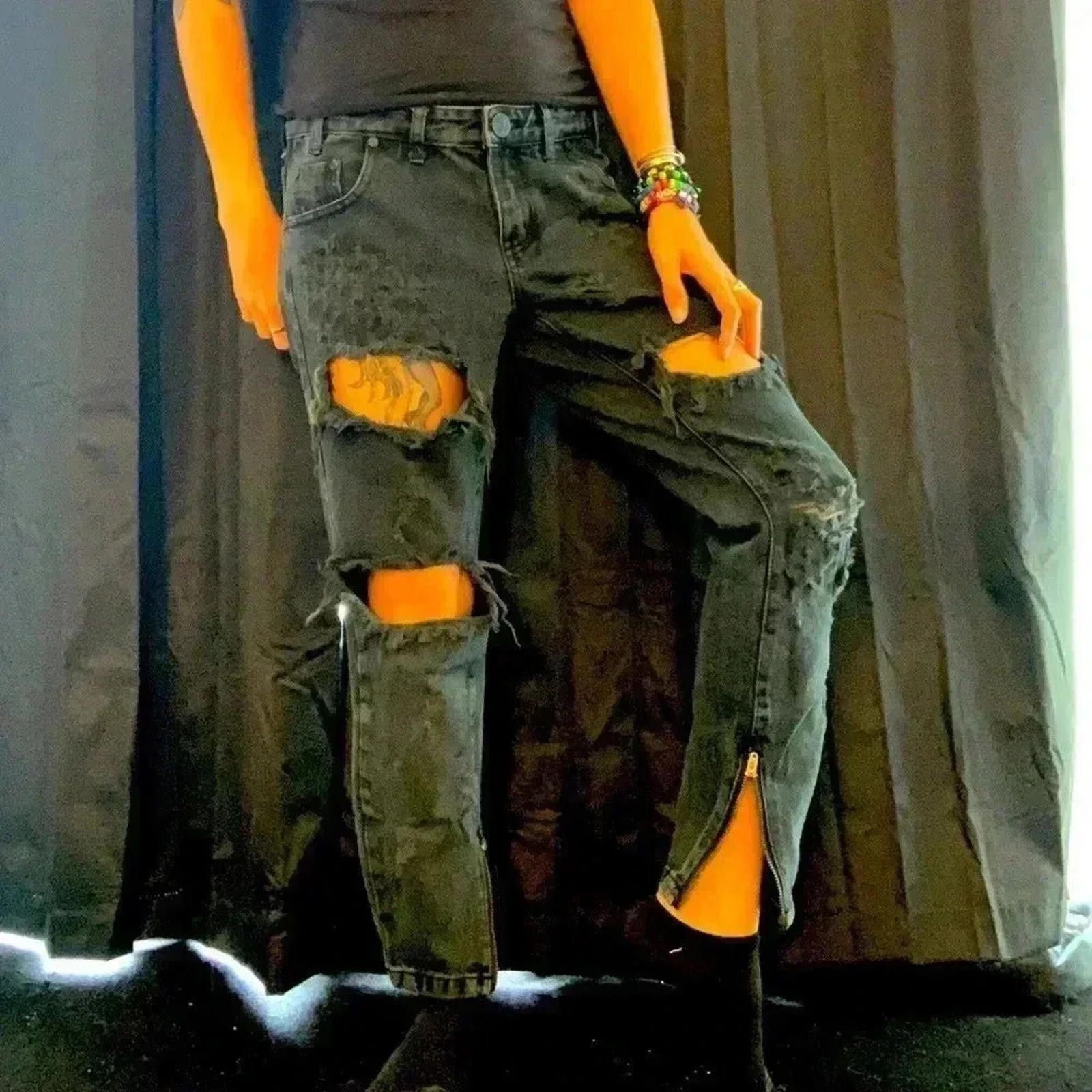 Designer Black distressed jeans with zippers Size 27" / US 4 / IT 40 - 2 Thumbnail
