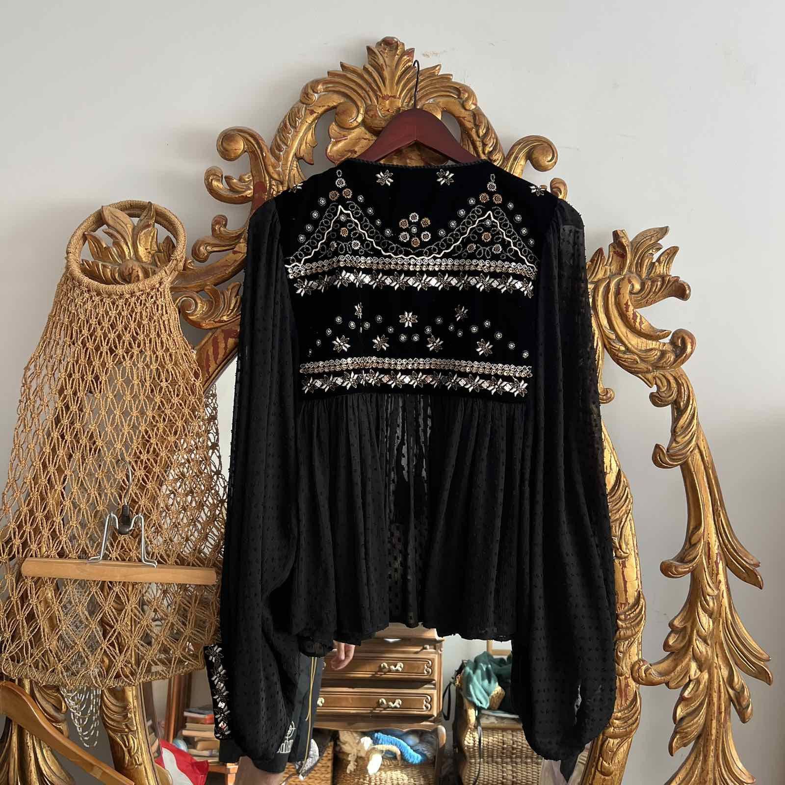 Zara Zara Blouse Black Balloon Embroidered Boho Peasant Bohemian Size XL / US 12-14 / IT 48-50 - 2 Thumbnail