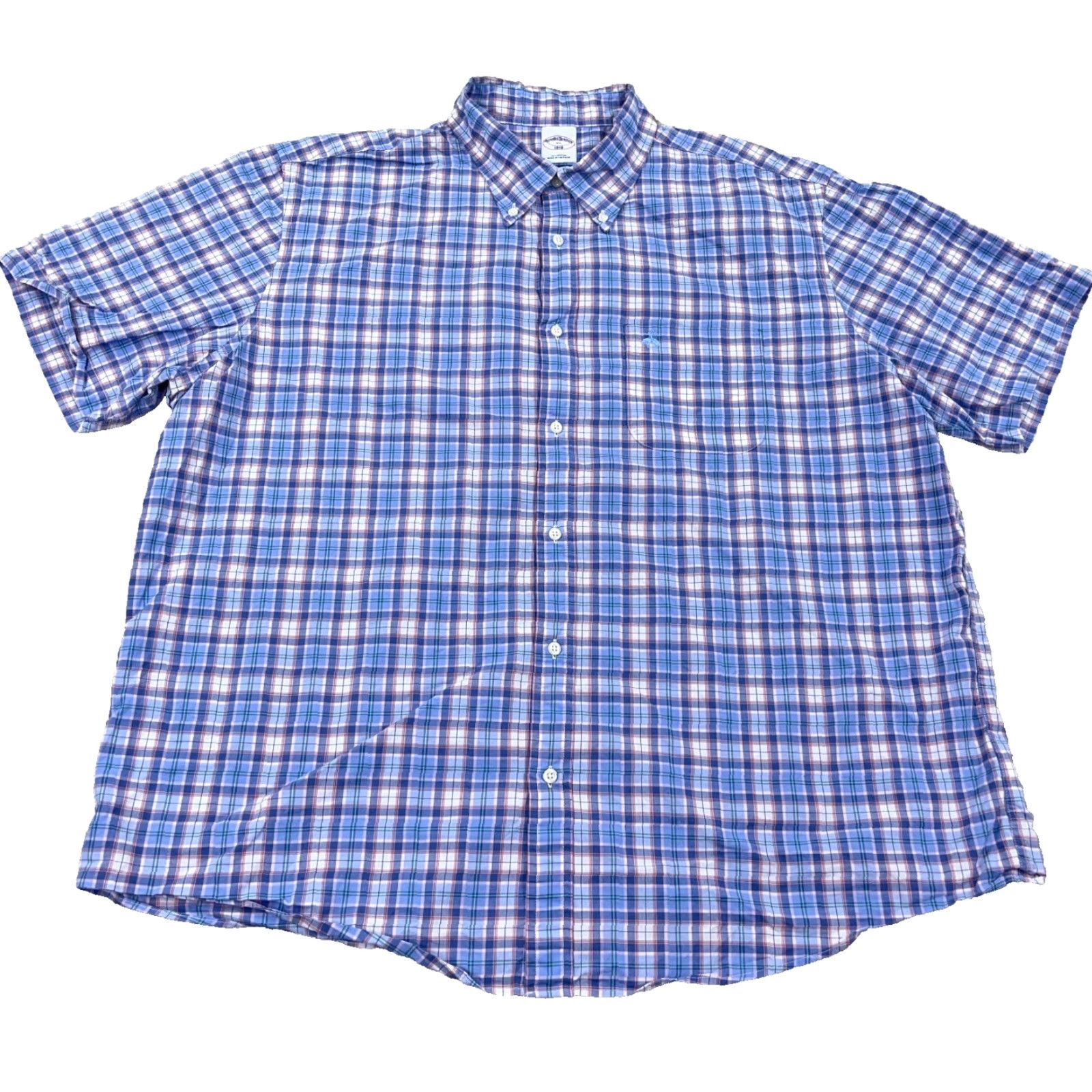Brooks Brothers Brooks Brothers Button-Up Shirt Men XL Blue Plaid Short Sleeve Casual Dress Size 46R - 2 Thumbnail