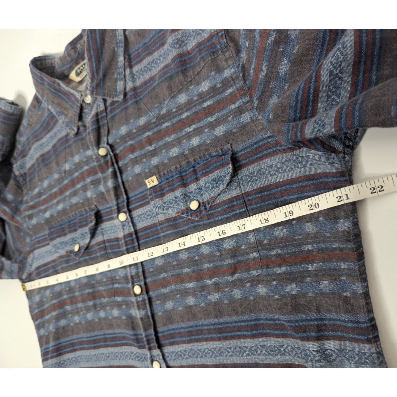 Vintage Salt Valley Shirt Mens L Blue Button-Up Pearl Snaps Western Casual Cotton Knit Geometric 90s Theme Cowboy Outdoors Pockets Size US L / EU 52-54 / 3 - 6 Thumbnail