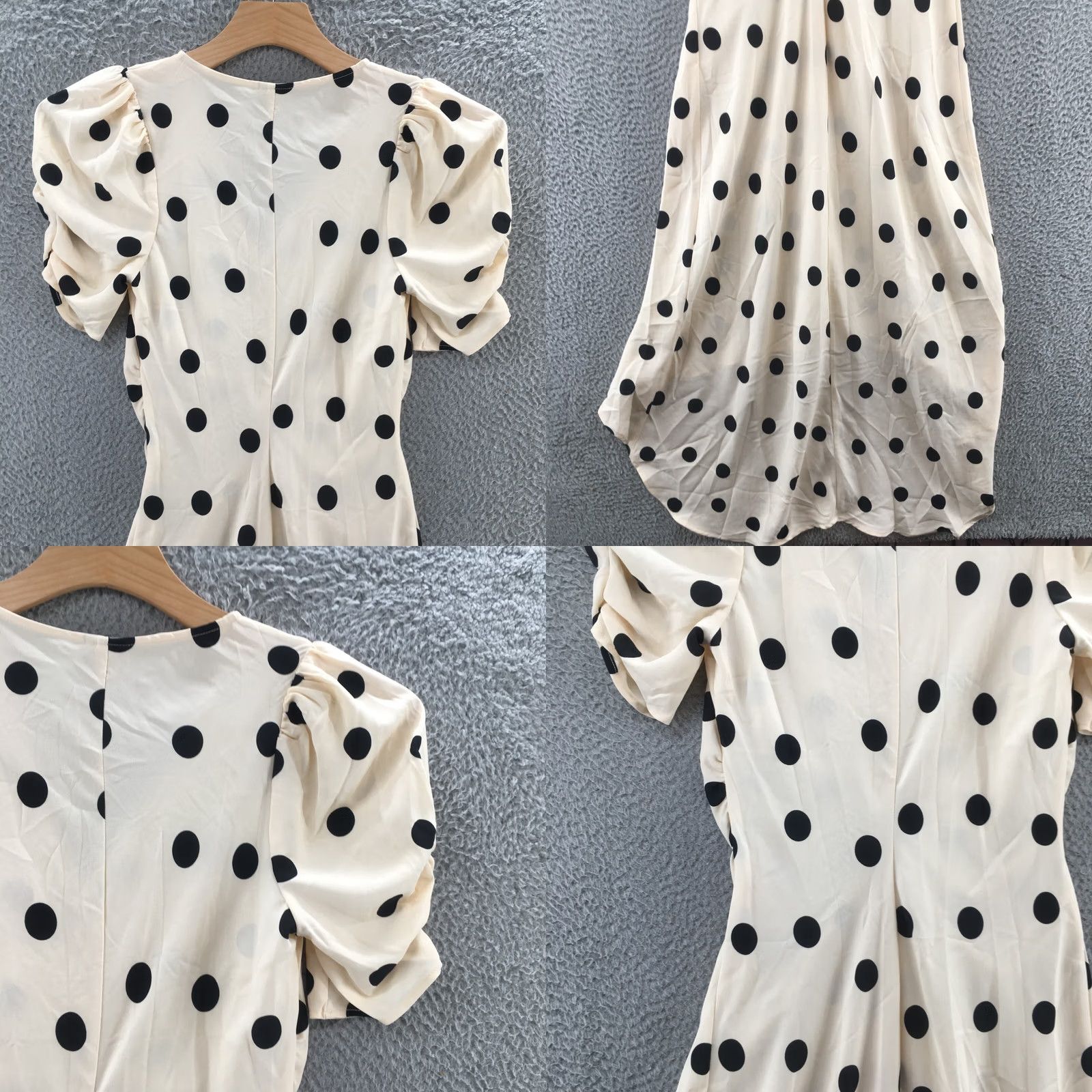 Vintage A New Day Midi A-Line Dress Womens S Beige Polka Dot Ruched Puff Sleeve V-Neck Dress Size S / US 4 / IT 40 - 10 Thumbnail