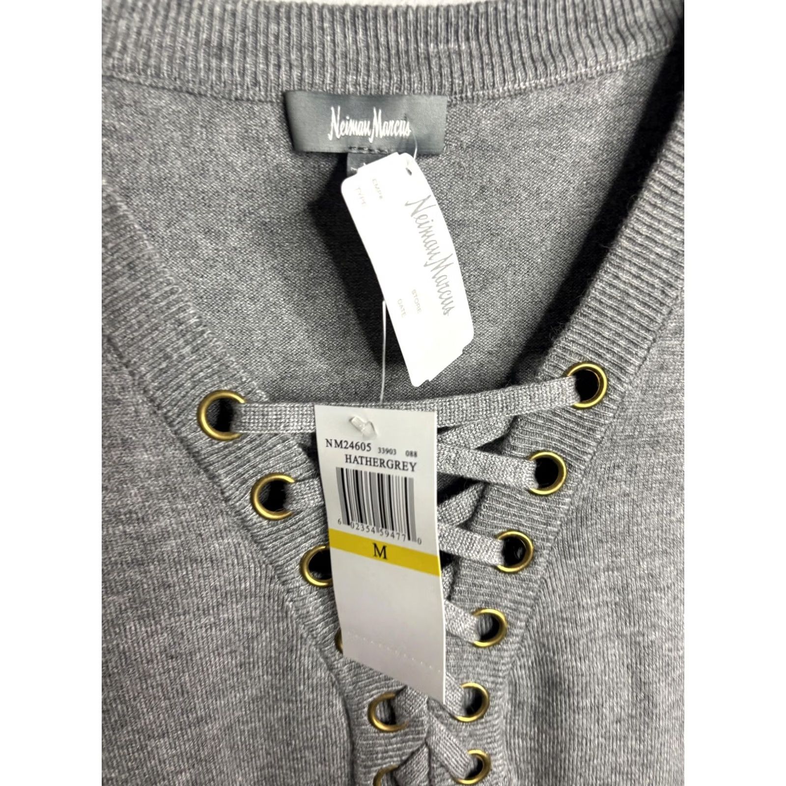 Neiman Marcus Neiman Marcus Womens Medium Gray V Neck Knit Sweater Dress 3/4 Sleeve Lace Up Size M / US 6-8 / IT 42-44 - 3 Thumbnail