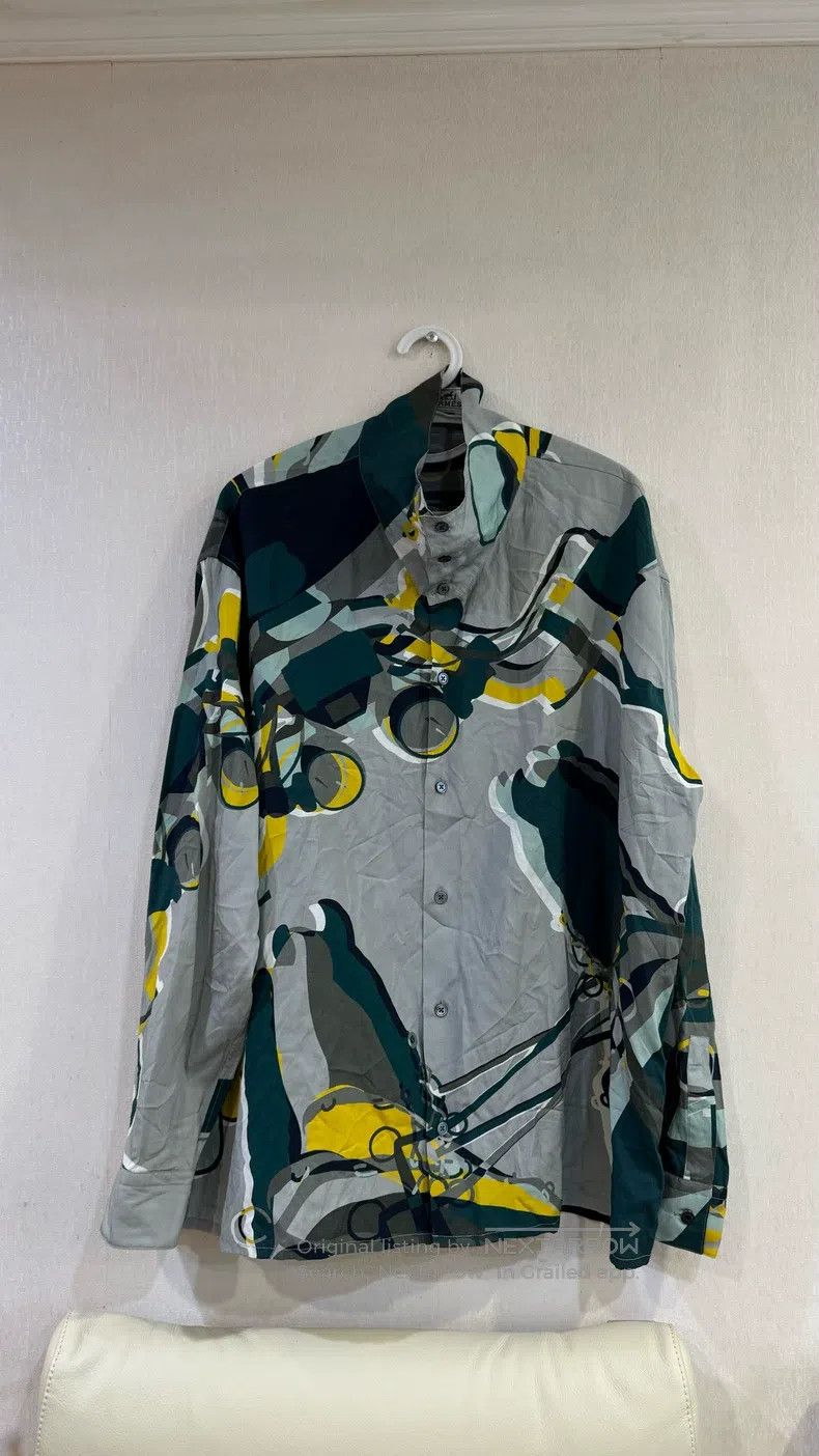 Hermes size 40 Warhorse Printed Pattern Silk Shirt