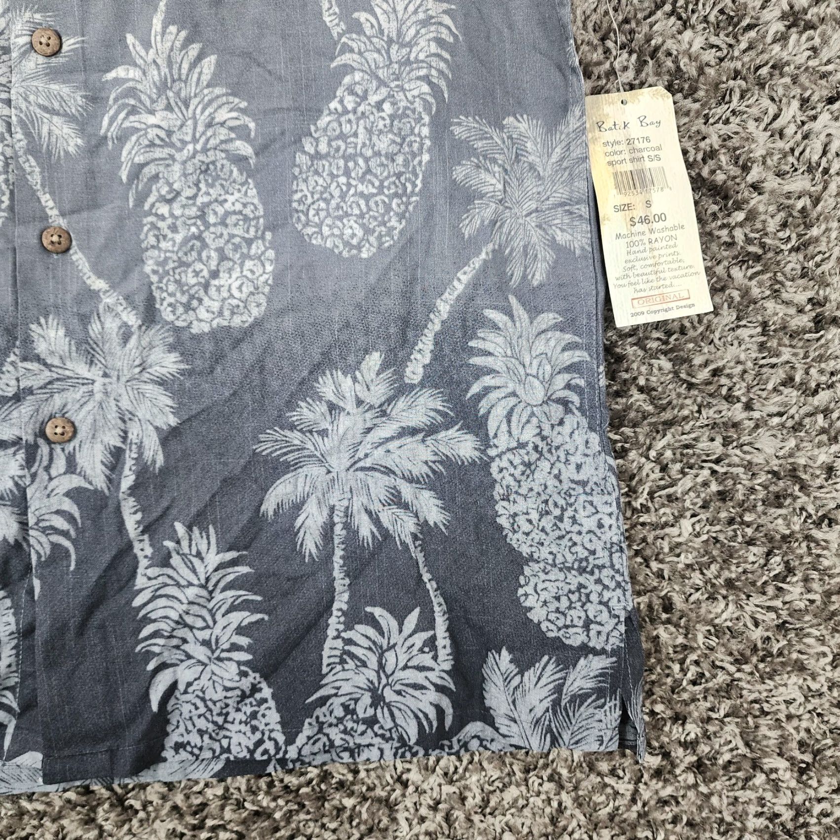 Vintage VINTAGE Batik Bay Charcoal Palm Tree Pineapple Button-Up Shirt Adult Small Gray Palm 90s Mens Size US 29 - 2 Thumbnail