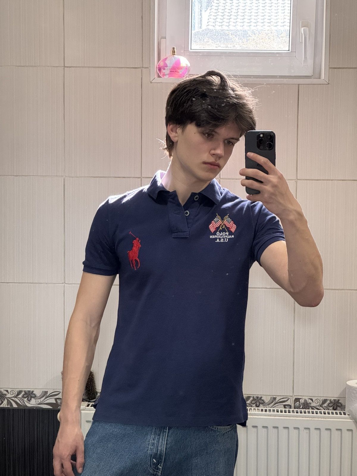 Polo Ralph Lauren × Vintage Vintage Polo Ralph Lauren Navy USA Flag Polo Shirt Size US L / EU 52-54 / 3 - 3 Thumbnail