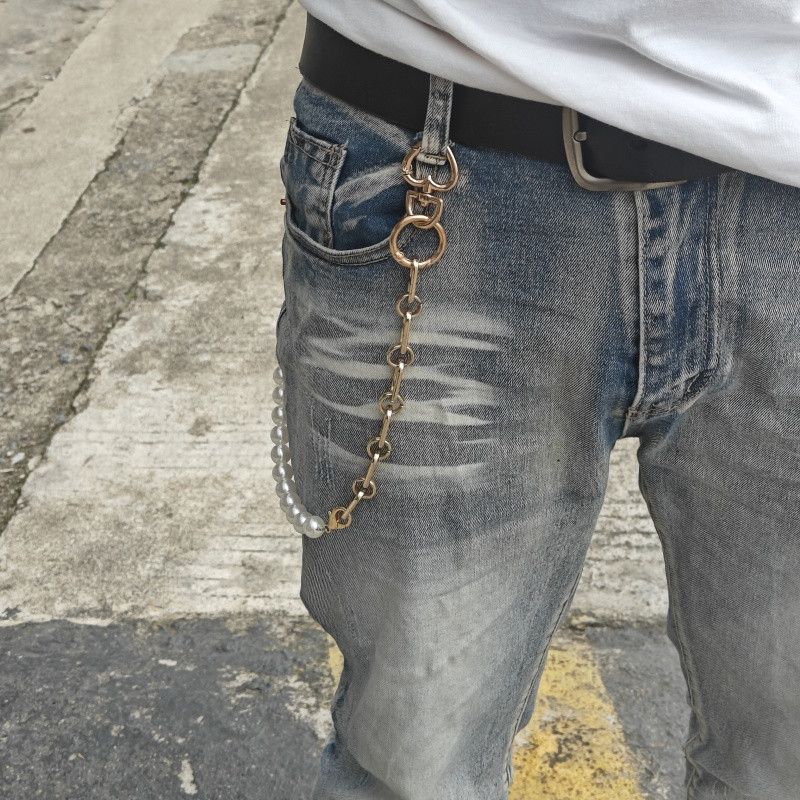 Jewelry Punk Pants Chain With Pearl Hemp Flower Links, Men's