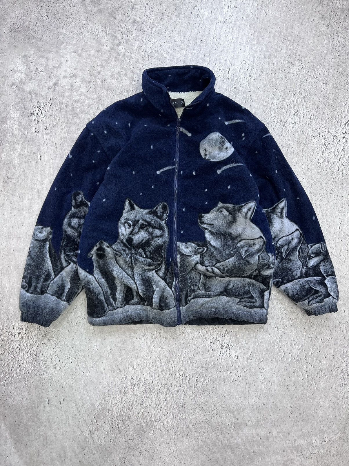 VINTAGE 90S OVERSIZE RARE SHERPA FLEECE WOLF ANIMAL HOODIE