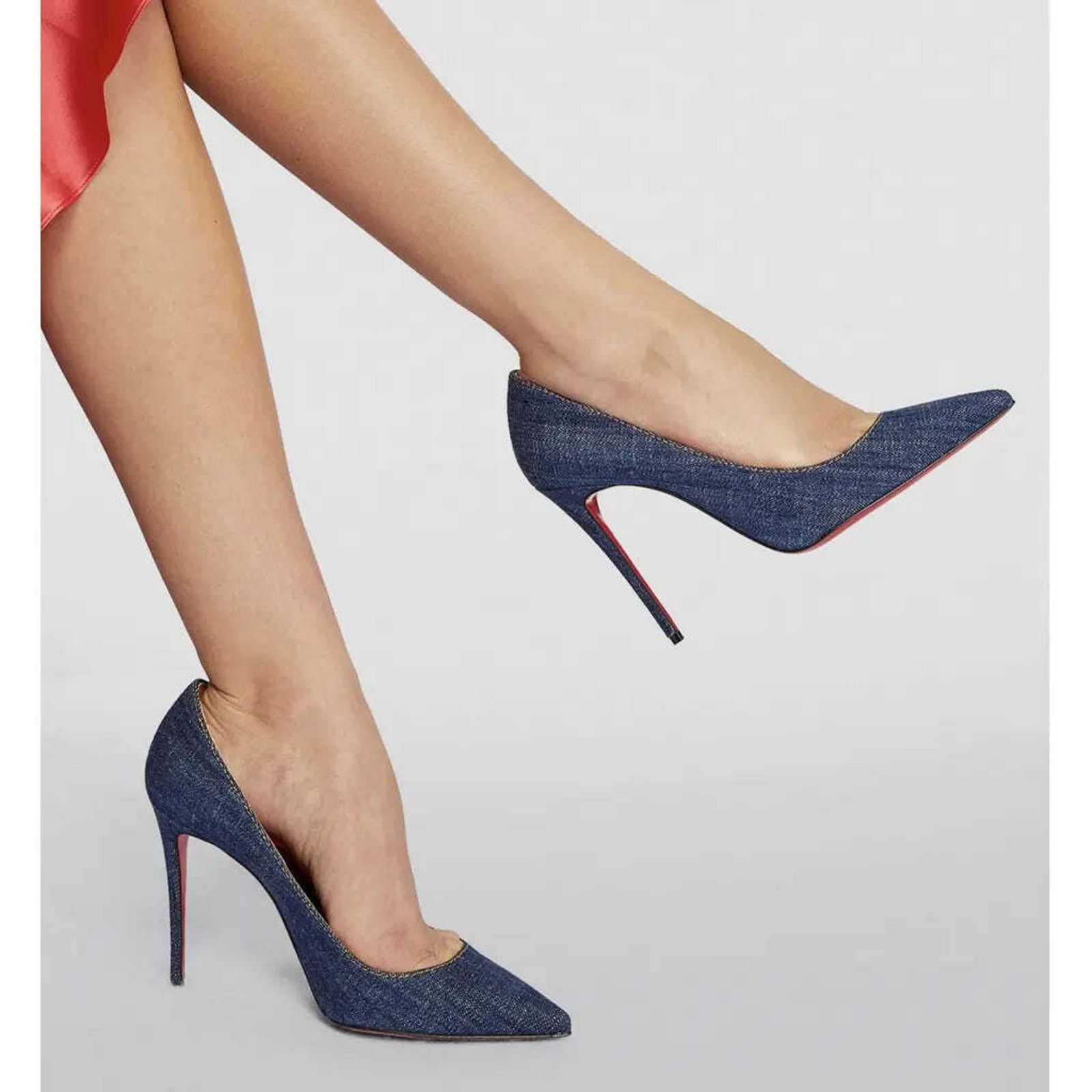 Christian Louboutin Kate 100 Blue Denim Saba Gold Stiletto Pointed Heel Pump 40 Size US 10 / IT 40 - 5 Thumbnail