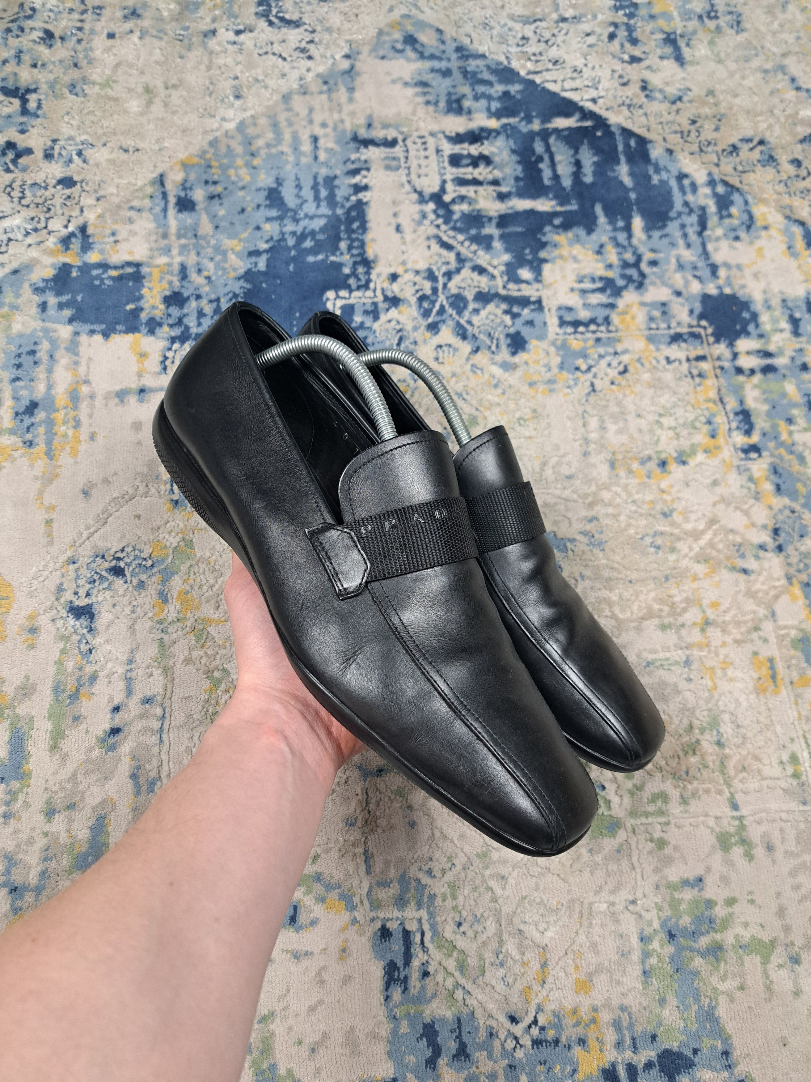 image of Archival Clothing Prada Black Leather Loafers Spellout Y2K Archive Designer, Men's (Size 10.5)