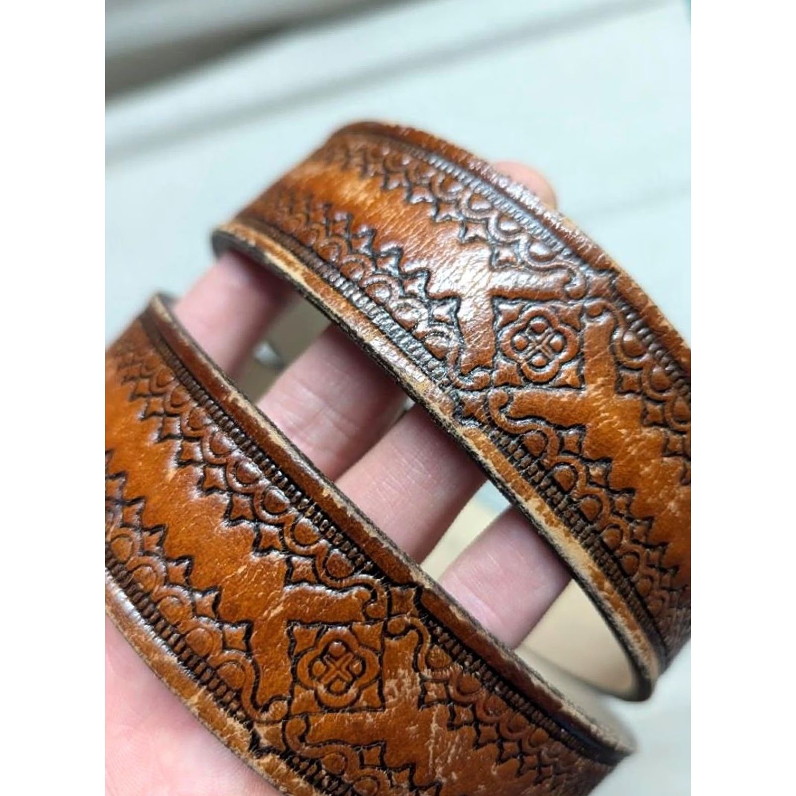 Vintage VINTAGE USA MADE TOOLED belt Western Belt Geometric Brown 38 Leather Buckle Western Mens Size 38 - 3 Thumbnail