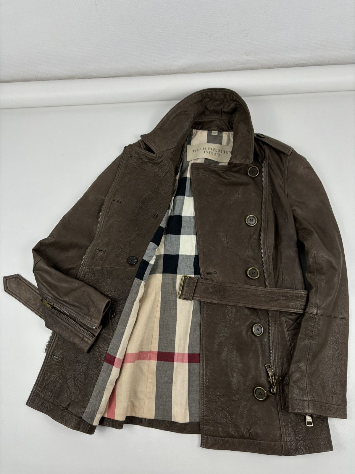 Burberry × Burberry Prorsum BRIT LAMBSKIN Nova Check Double-Breasted Zip Coat Belt Trench Jacket Size L / US 10 / IT 46 - 5 Thumbnail