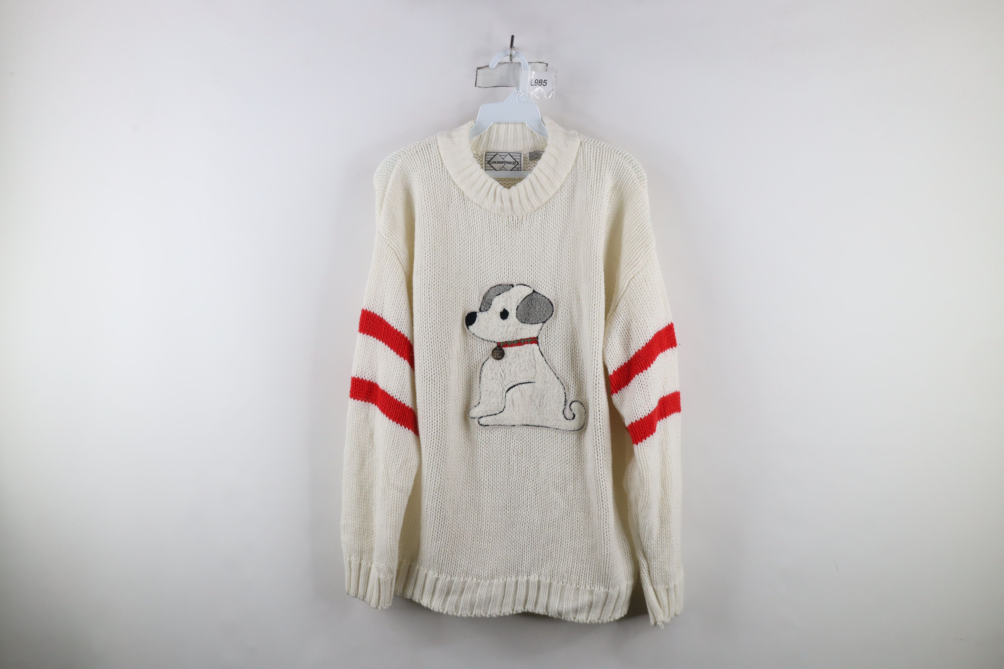 Vintage Vintage 90s Streetwear Striped Dog Chunky Knit Sweater White Size XXL / US 16-18 / IT 52-54 - 1 Thumbnail