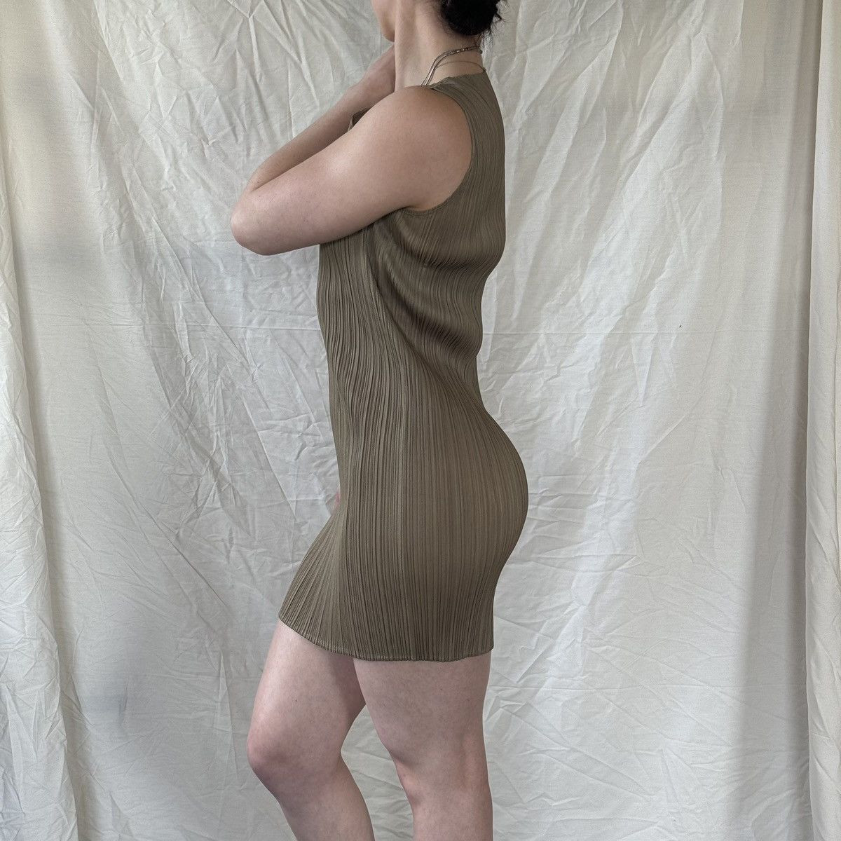 Issey Miyake × Pleats Please Issey Miyake Pleats Please Khaki Mini Tank Dress Size M / US 6-8 / IT 42-44 - 3 Thumbnail