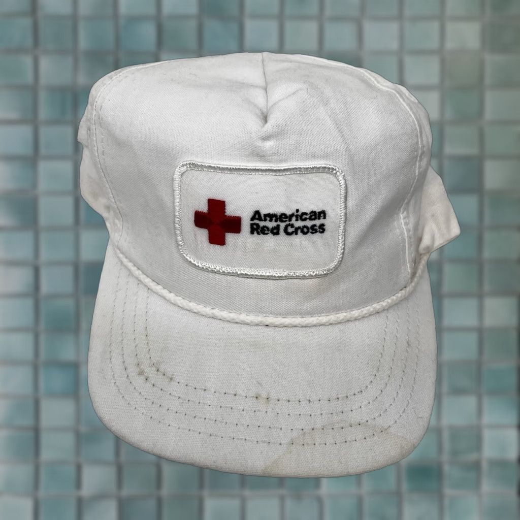 Vintage Red Cross Embroidered Patch Cap Hat One Size White Cotton Twill Adjustable USA Heart Classic Mens Size ONE SIZE - 1 Thumbnail