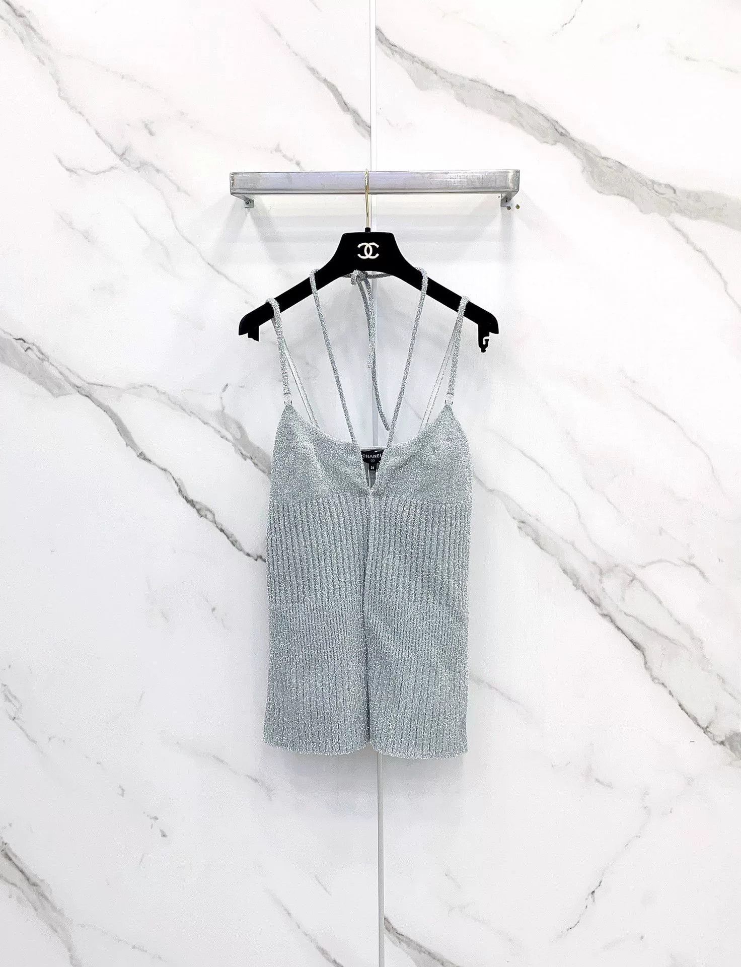 Chanel Chanel 22A Silver Thread Knit Rhinestone Camisole Size XS / US 0-2 / IT 36-38 - 1 Thumbnail