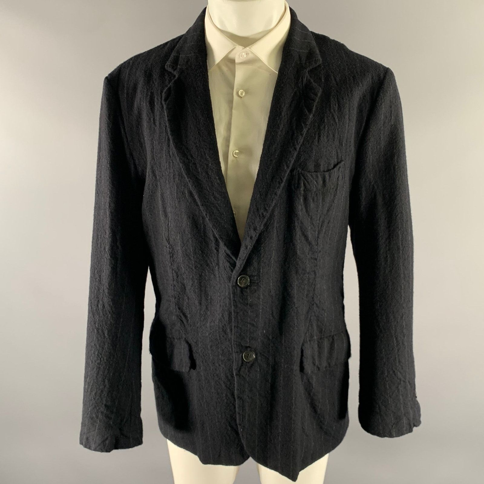 08sircus 08SIRCUS Navy Chalkstripe Textured Wool Notch Sport Coat Size 42R - 1 Thumbnail