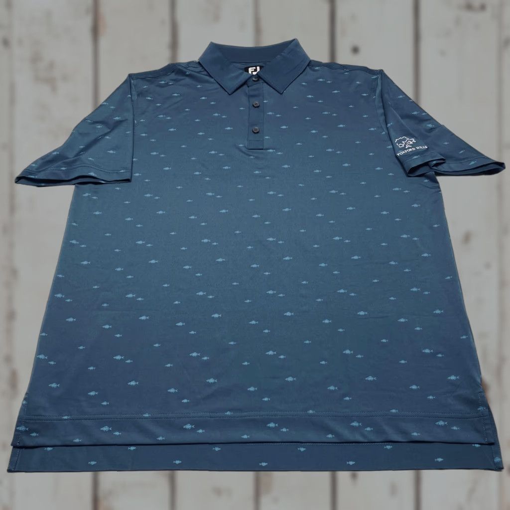 FootJoy Polo Shirt Men Large Blue Fish Golf Casual Logo Knit Short Sleeve Shirt Regular Fit