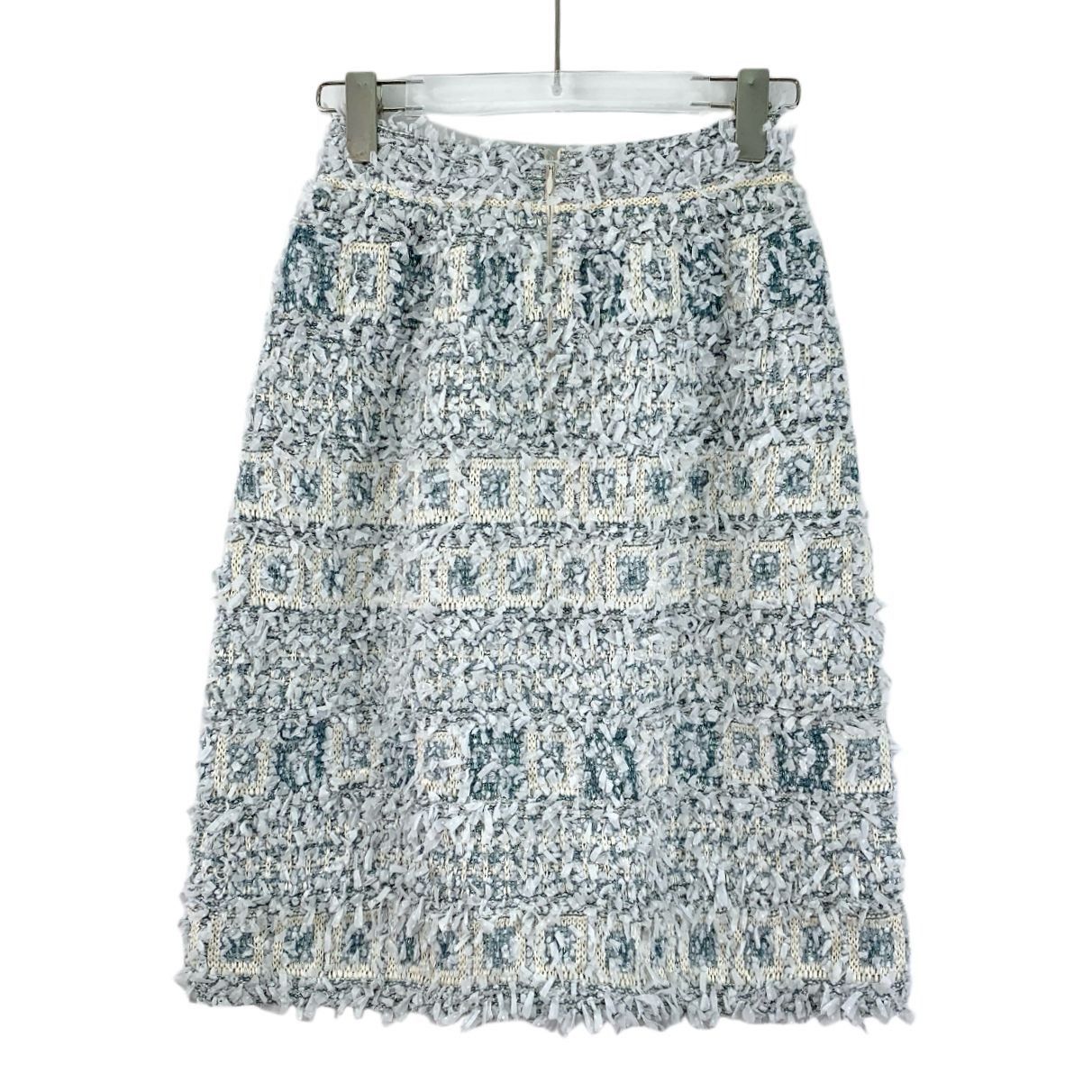 Chanel Light Blue Cotton Fringed Floral Patchwork Tweed Skir