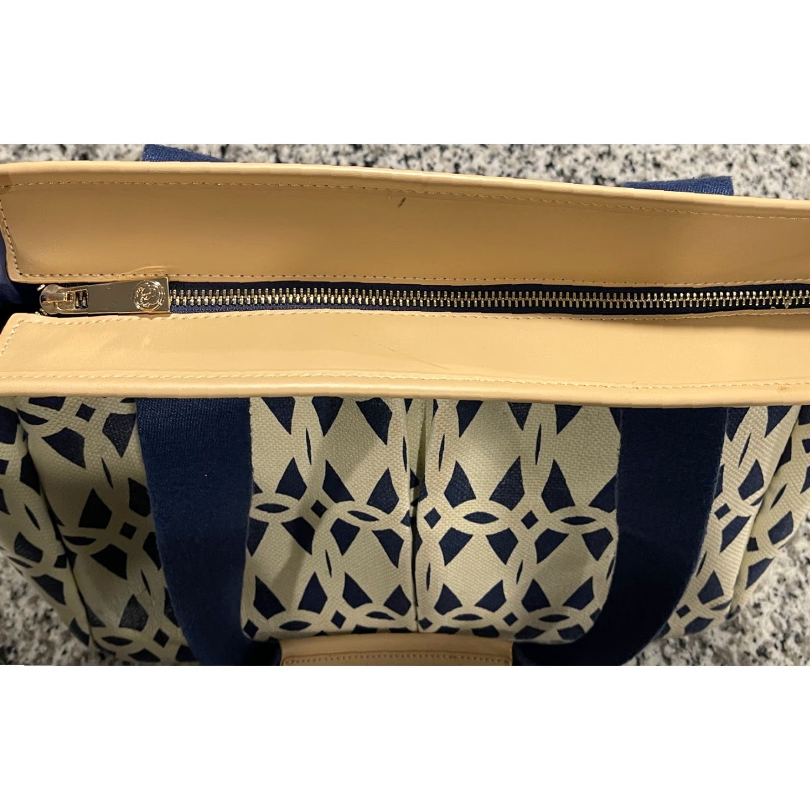 Vintage SPARTINA 449 Daufuskie Island Tybrisa Colypso Diaper Bag, Natural Linen/Leather Handbag Blue/White Exterior Lined Women Size ONE SIZE - 6 Thumbnail