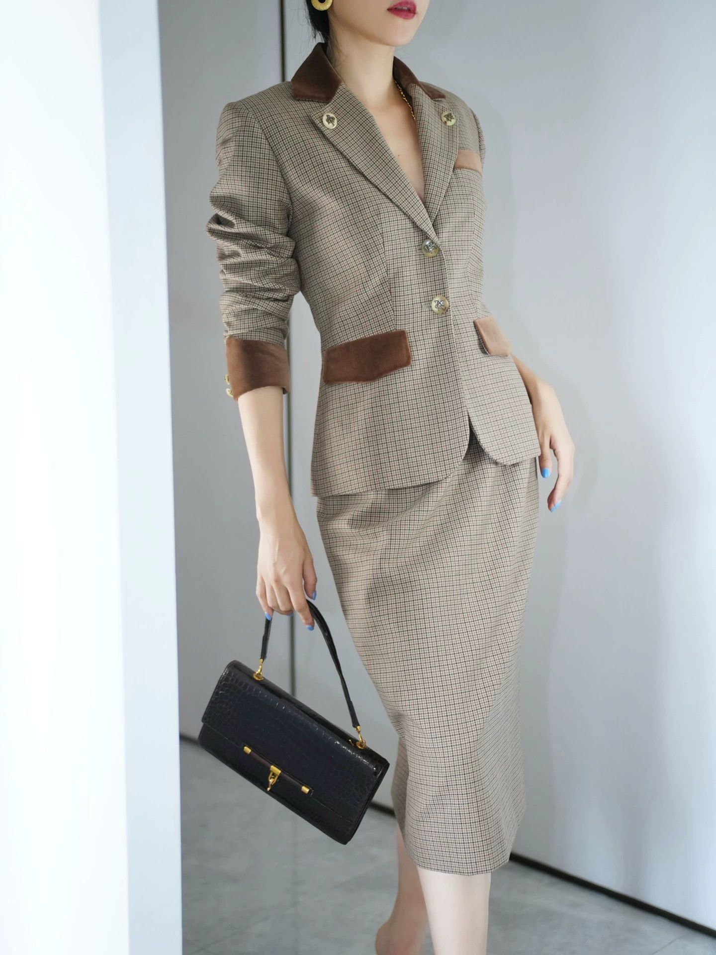 Hermes Hermes Vtg Wool Check Velvet Suit Skirt Set FR40 M-L Size M / US 6-8 / IT 42-44 - 9 Thumbnail