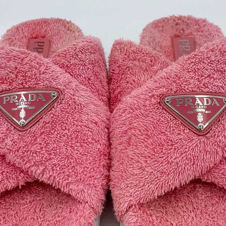 Prada Prada Pink triangle cross-plush casual flat slippers Size US 7 / IT 37 - 6 Thumbnail