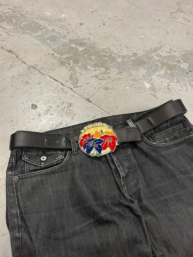 Dsquared2 2000s Dsquared2 Colorful Flowers Black Leather Belt Size ONE SIZE - 2 Thumbnail