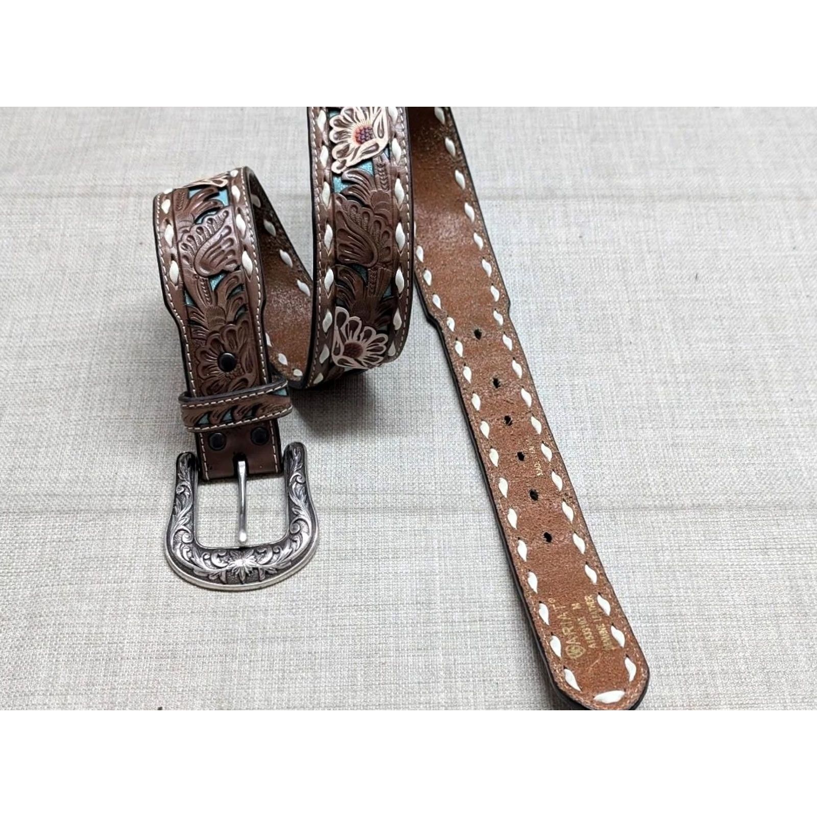 Ariat VINTAGE Ariat Western Belt 34 Leather Tooled Floral Buckle Tapered Brown Men Size 34 - 2 Thumbnail