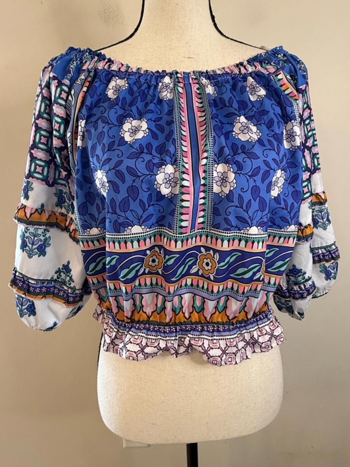 Other Rachel Zoe boho crop top blue multicolor puff sleeves SZ SM Size S / US 4 / IT 40 - 5 Thumbnail