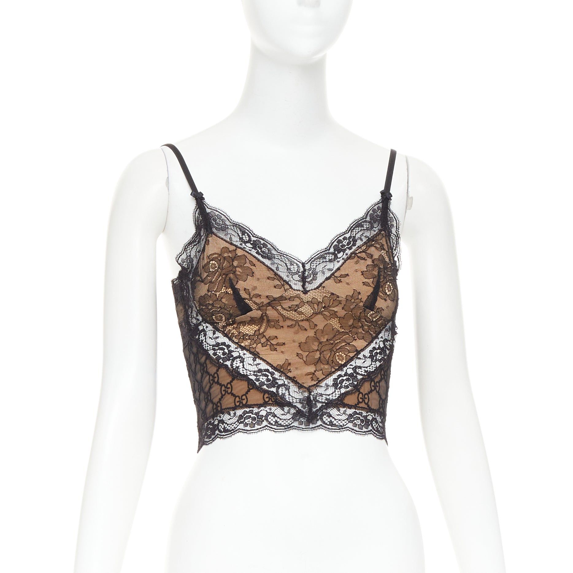 GUCCI 2023 Runway GG monogram stretch lace cropped cami top L