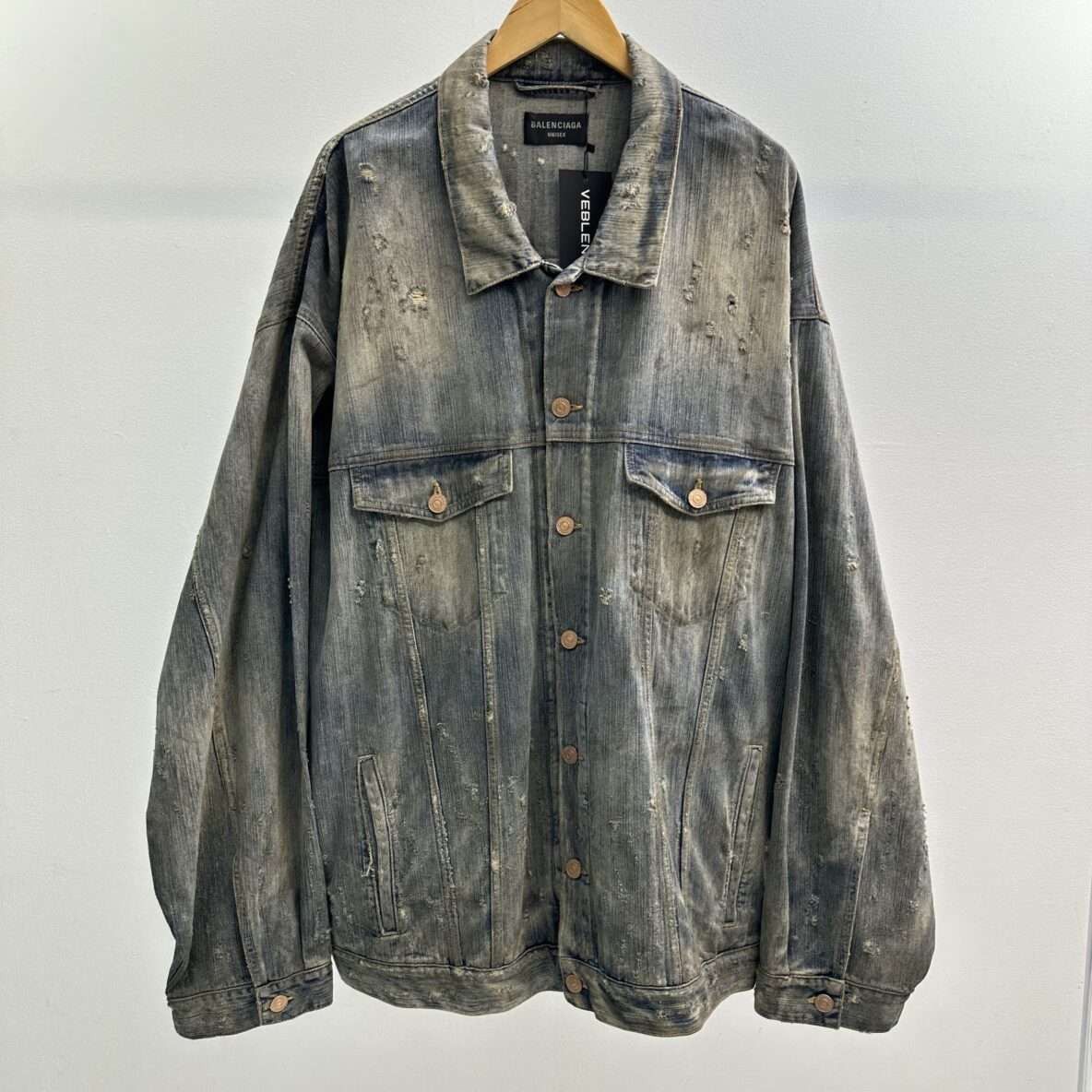 Balenciaga Balenciaga Rhinestone Burnt Logo Denim Jacket Size US XXL / EU 58 / 5 - 1 Thumbnail