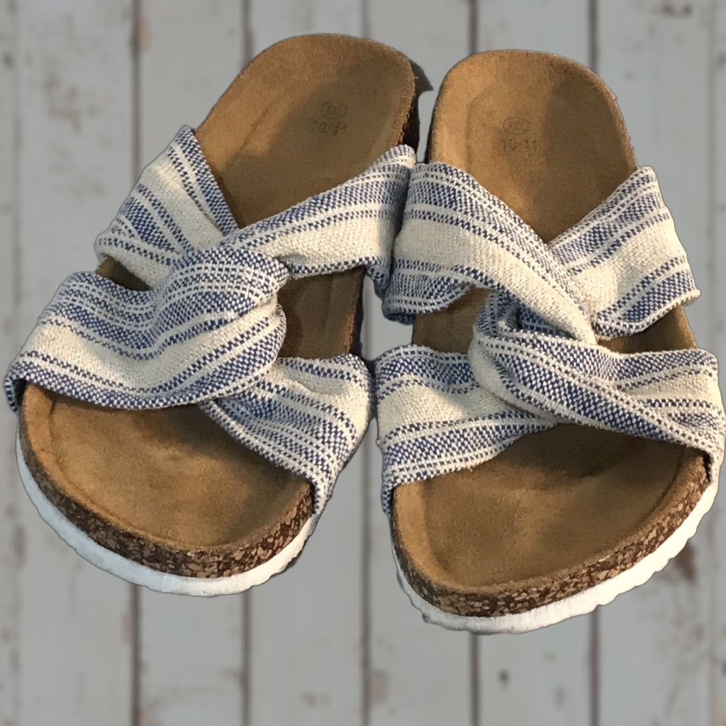 Vintage Time & Tru Women's Size 10-11 Blue/White Striped Crisscross Fabric Slides - Casual, Lightweight, Comfort Size US 10 / IT 40 - 1 Thumbnail