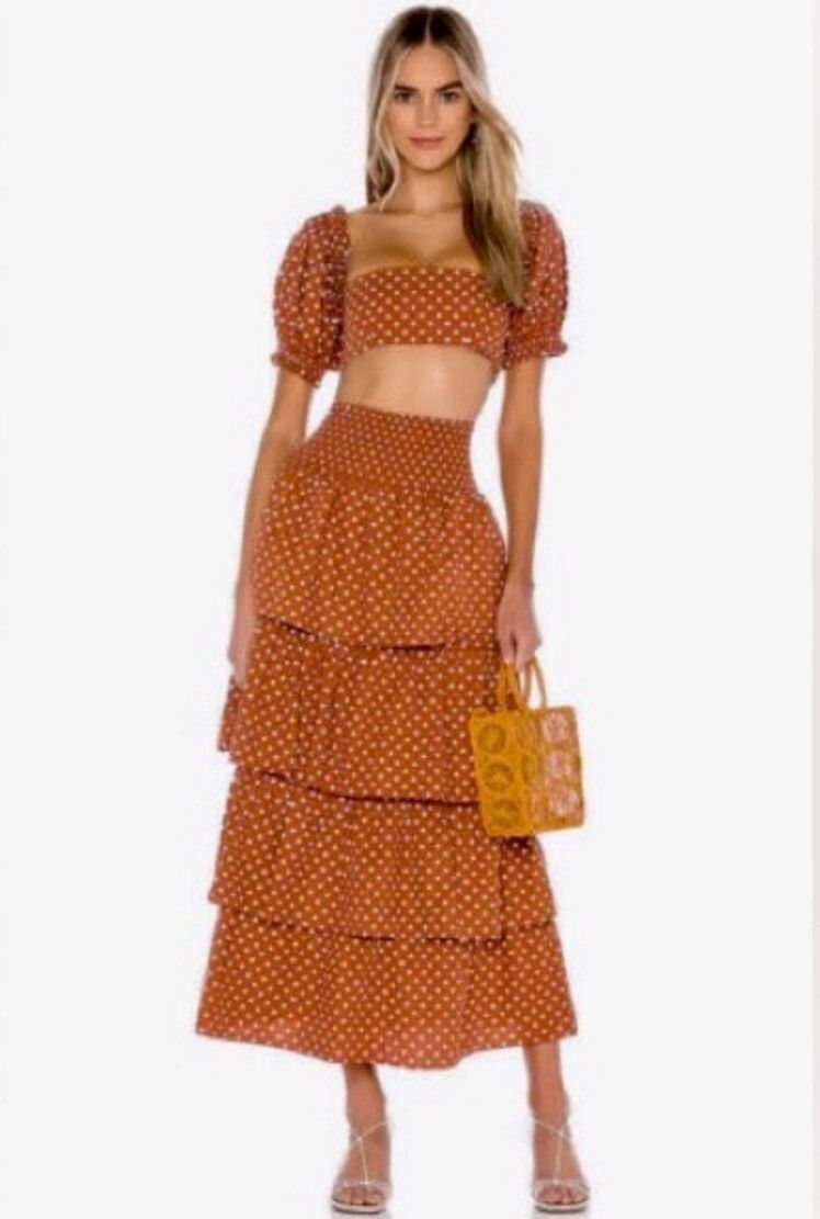 image of We Wore What Paloma Ruffle Polka Dot Skirt in Rust, Women's (Size 26)