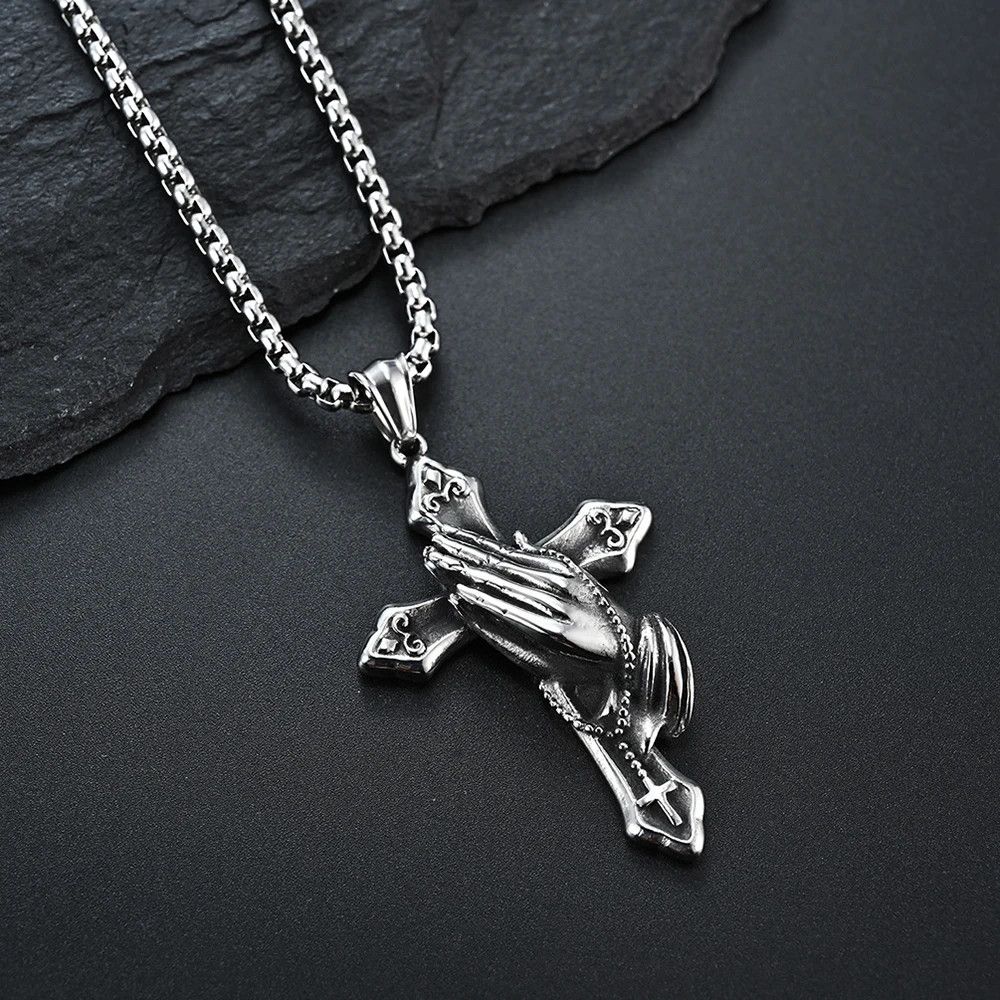 Jewelry Vintage Praying Hands Cross Pendant Necklace Size ONE SIZE - 1 Thumbnail