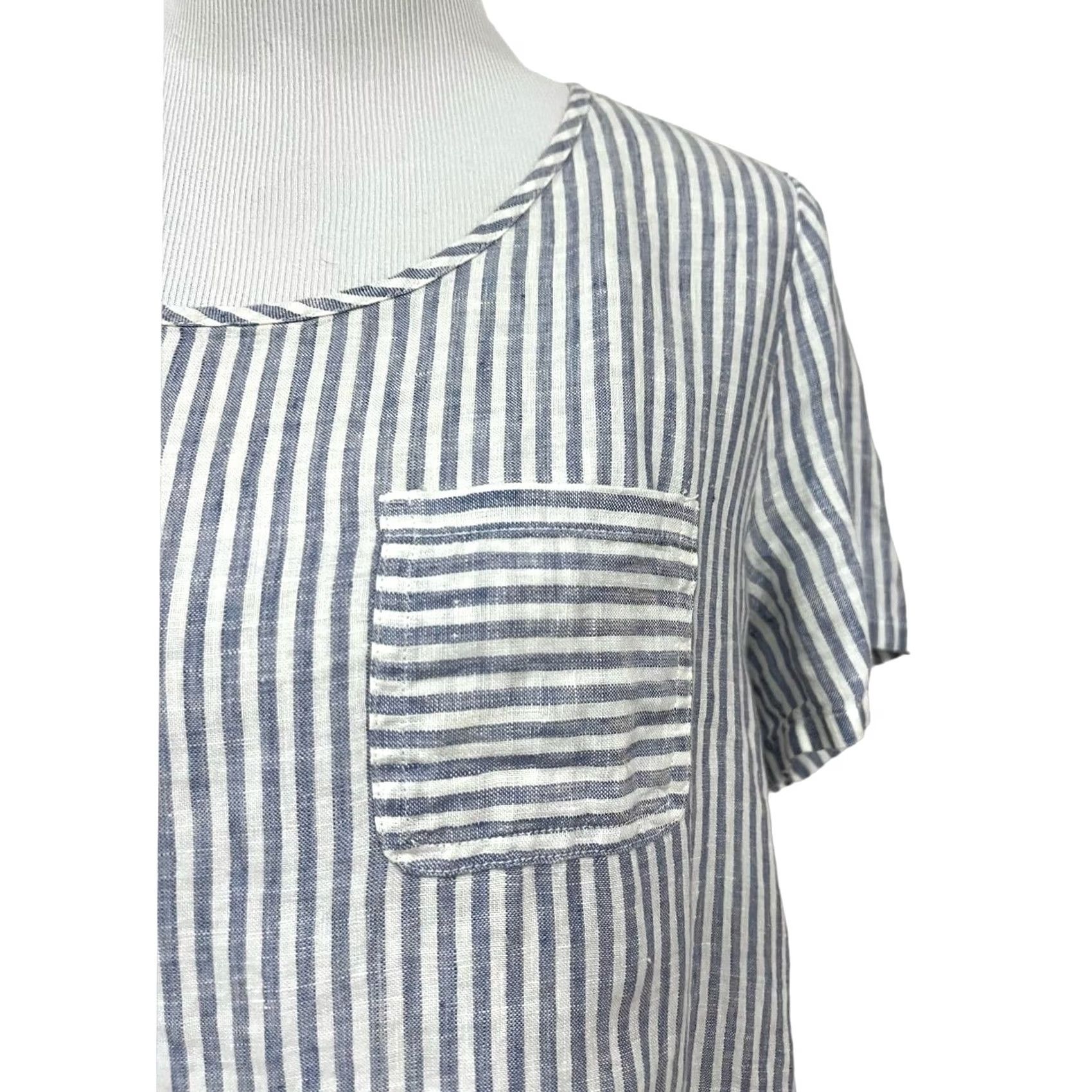 Christian Siriano Christian Siriano Blouse Shirt Womens M Blue Striped Linen Short Sleeve Pullover 100% Linen Size M / US 6-8 / IT 42-44 - 2 Thumbnail