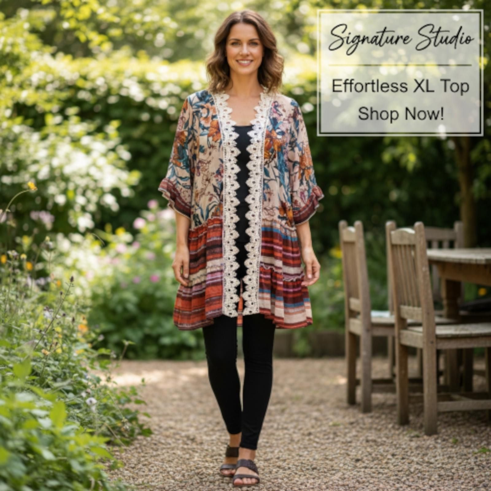 Other Effortless XL Floral and Striped Tunic Top with Lace Trim Size XL / US 12-14 / IT 48-50 - 1 Thumbnail