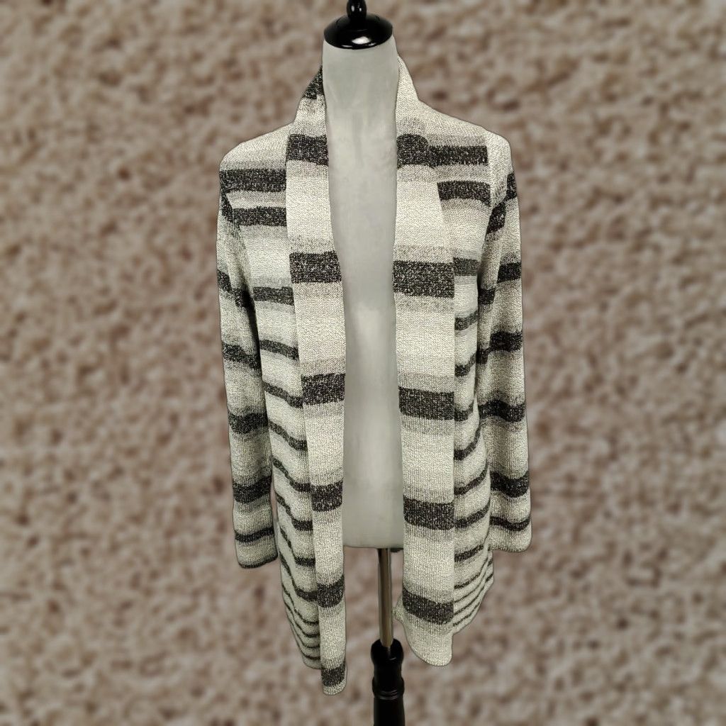 Vintage Womens Cardigan 1X Gray White Striped Sweater Long Sleeve Open Front Cyrus Size XL / US 12-14 / IT 48-50 - 1 Thumbnail
