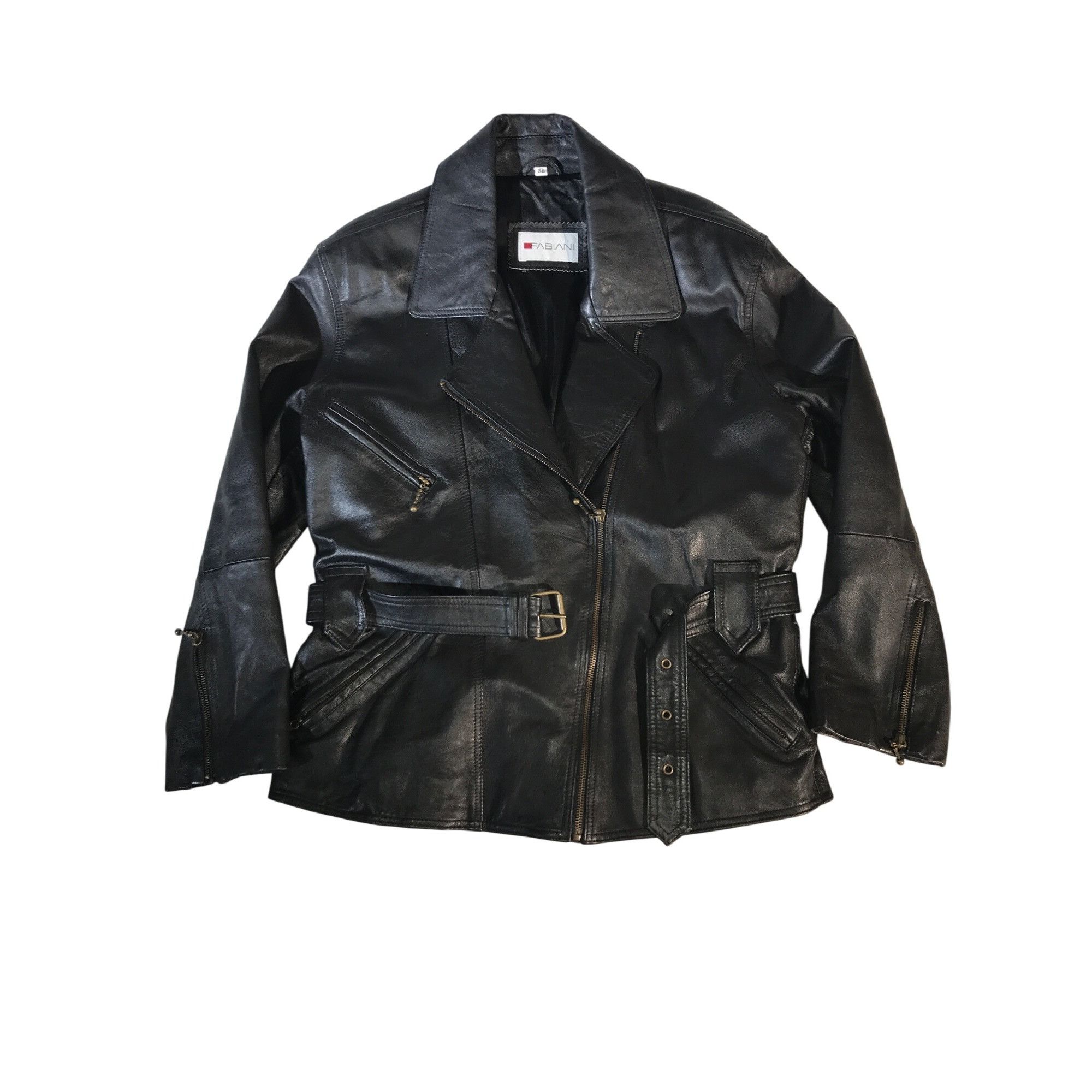 Vintage Fabiani Women's Black Leather V Neck Belted Moto Y2K Jacket Size S / US 4 / IT 40 - 1 Thumbnail