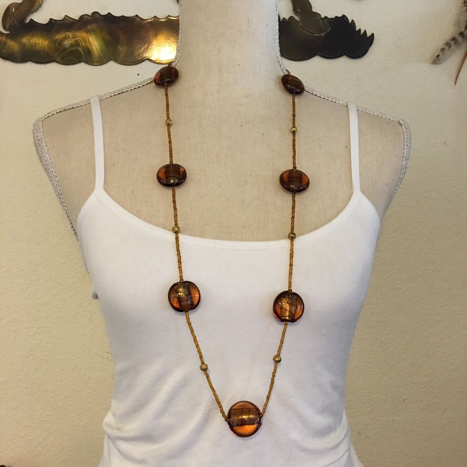 Vintage Vintage amber glass beads gold seed bead necklace Size ONE SIZE - 1 Thumbnail